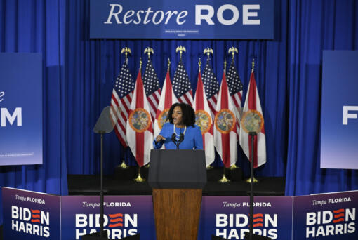 Florida House Minority Leader Fentrice Driskell, D-Tampa, addresses the crowd before an appearance by President Joe Biden during his reproductive freedom campaign event at Hillsborough Community College, Tuesday, April 23, 2024, in Tampa, Fla. (AP Photo/Phelan M.