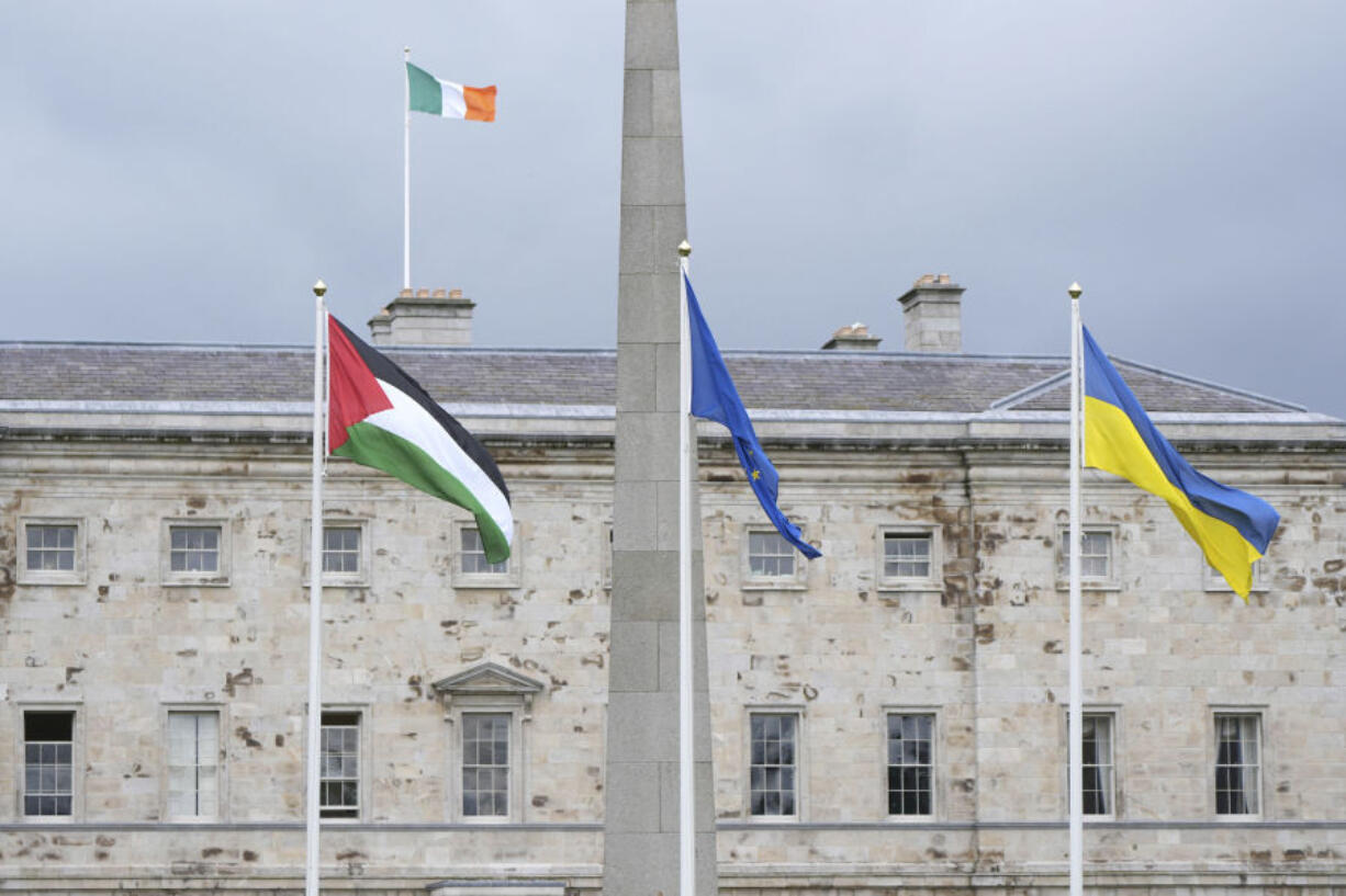 The Palestinian flag flies outside Leinster House, Dublin, following the decision by the Government to formally recognise the Palestinian state, Tuesday May 28, 2024.