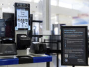 FILE - The Transportation Security Administration&rsquo;s new facial recognition technology is seen at a Baltimore-Washington International Thurgood Marshall Airport security checkpoint, April 26, 2023, in Glen Burnie, Md.