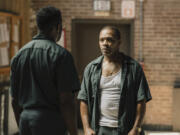 Clarence Maclin, right, in a scene from &ldquo;Sing Sing.&rdquo; (A24)