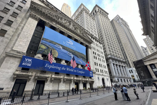 A banner for cruise operator Viking, marking its initial public offering, hangs on the front of the New York Stock Exchange on Wednesday, May 1, 2024 in New York.