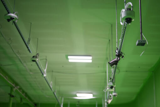 Security cameras are seen at ZeroEyes&rsquo; greenscreen lab for testing and training artificial intelligence to spot visible guns, Friday, May 10, 2024, in Conshohocken, Pa.