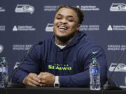 Seattle Seahawks 2024 first round draft pick, Byron Murphy II, smiles during a news conference at the NFL team&rsquo;s headquarters, Thursday, May 2, 2024, in Renton, Wash.