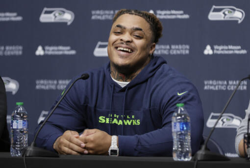 Seattle Seahawks 2024 first round draft pick, Byron Murphy II, smiles during a news conference at the NFL team&rsquo;s headquarters, Thursday, May 2, 2024, in Renton, Wash.