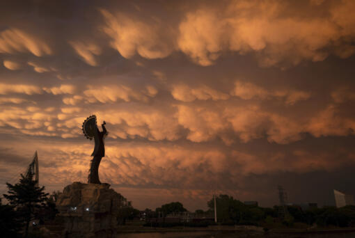 A formation of Mammatus clouds fills the sky over Wichita, Kan., on Tuesday, April 30, 2024. Mammatus clouds usually form on the back side of severe thunderstorms. A line of severe storms crossed the state Tuesday afternoon and evening, including a few tornados in the northeastern part of Kansas.