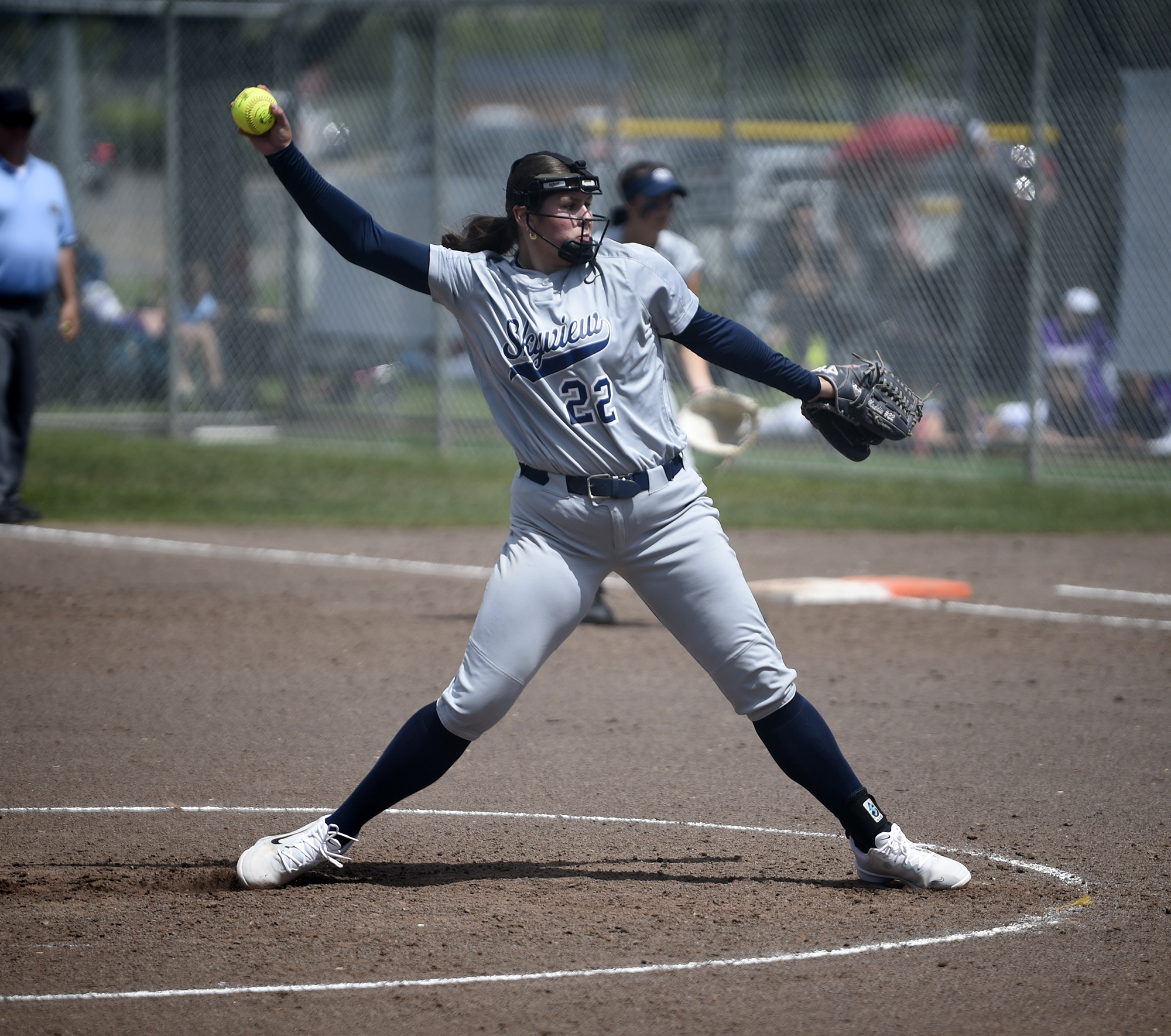 Maddie Milhorn of Skyview delivers a pitch during a 4A state round-of-16 softball game against Puyallup at Columbia Playfields in Richland on Friday, May 24, 2024.
