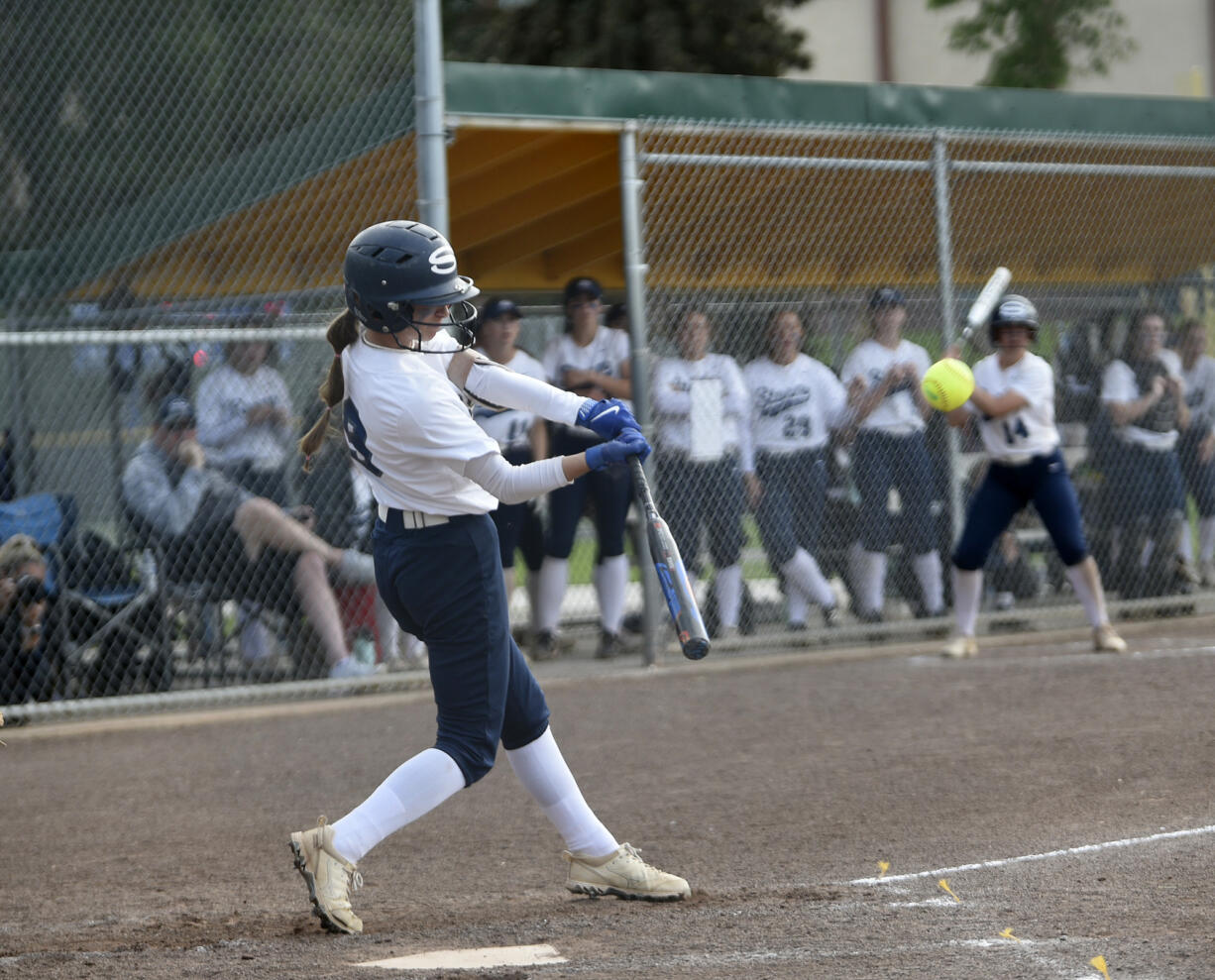 Abby Hite of Skyview hits the ball against Puyallup in the third-place game at the Class 4A state softball tournament at Columbia Playfields in Richland on Saturday, May 25, 2024.
