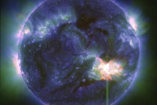 This image provided by NASA shows a solar flare, as seen in the bright flash in the lower right,  captured by NASA&rsquo;s Solar Dynamics Observatory on May 9, 2024. A severe geomagnetic storm watch has been issued for Earth starting Friday and lasting all weekend  _ the first in nearly 20 years.