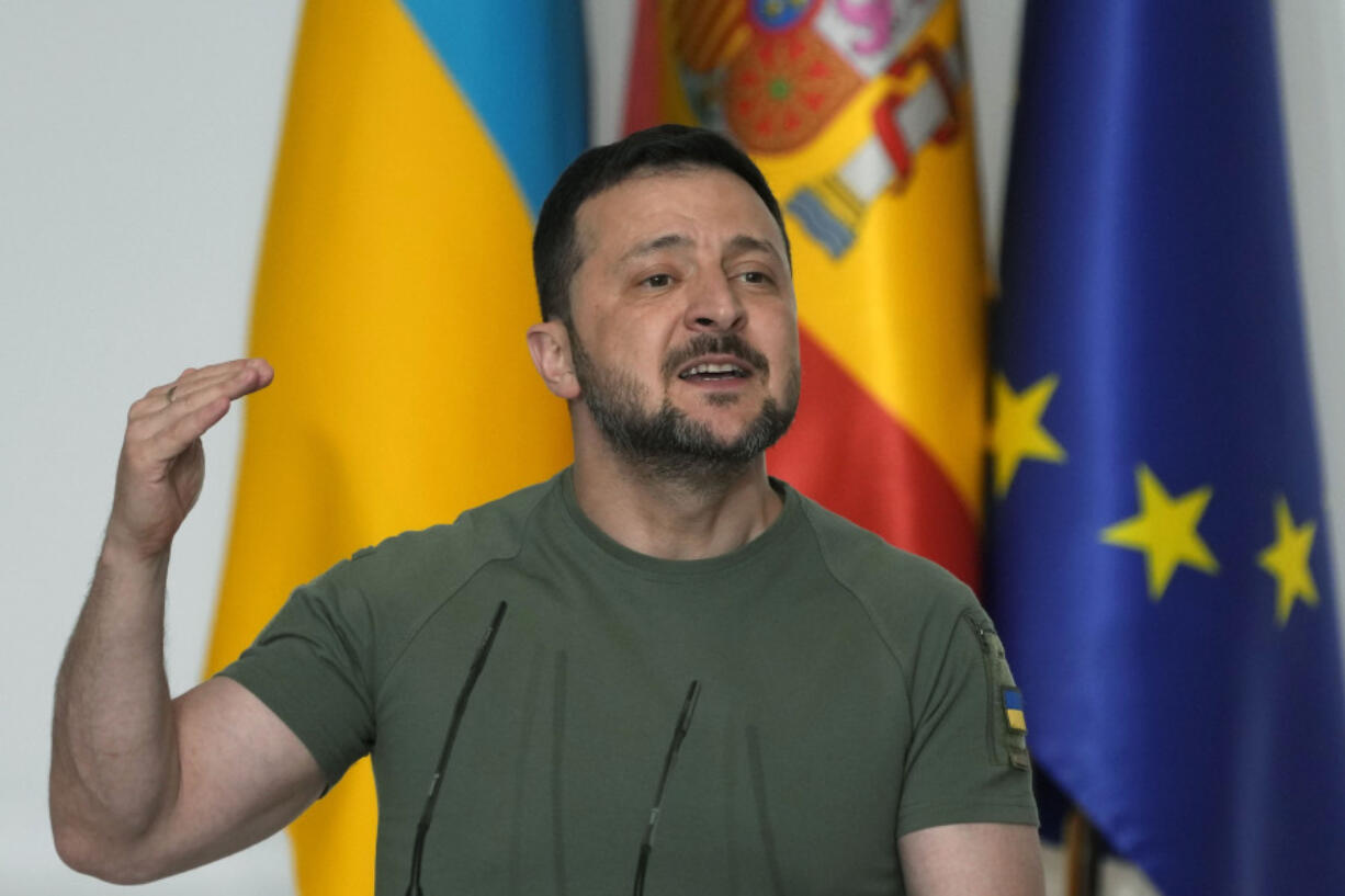 Ukrainian President Volodymyr Zelenskyy speaks during a joint news conference with Spain&rsquo;s Prime Minister Pedro Sanchez at the Moncloa Palace in Madrid, Spain, Monday, May 27, 2024.