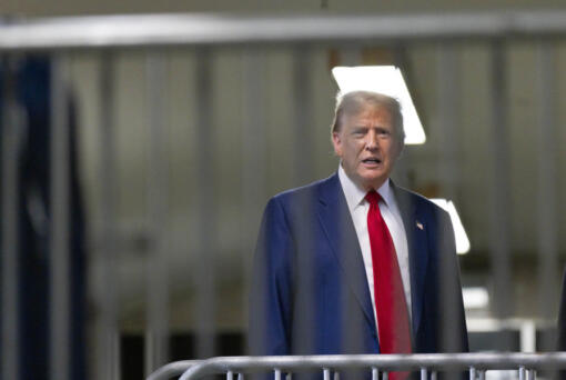 Former President Donald Trump talks to reporters as leaves the courtroom following the day&rsquo;s proceedings in his trial at Manhattan criminal court in New York, Tuesday, April 30, 2024.