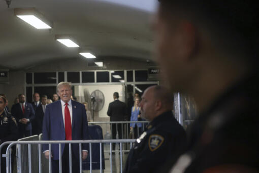 Former President Donald Trump arrives at Manhattan criminal court before his trial in New York, Thursday, April 25, 2024.