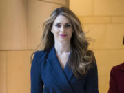 FILE - Hope Hicks, former White House Communications Director, arrives to meet with the House Intelligence Committee, at the Capitol in Washington, Feb. 27, 2018. Prosecutors say Hicks spoke with former President Donald Trump by phone during a frenzied effort to keep allegations of his marital infidelity out of the press after the infamous &ldquo;Access Hollywood&rdquo; tape leaked weeks before the 2016 election. In the tape, from 2005, Trump boasted about grabbing women without permission. (AP Photo/J.