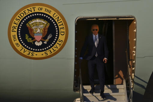 U.S. President Joe Biden arrives on Air Force One at Moffett Airfield in Mountain View, Calif., Thursday, May 9, 2024.