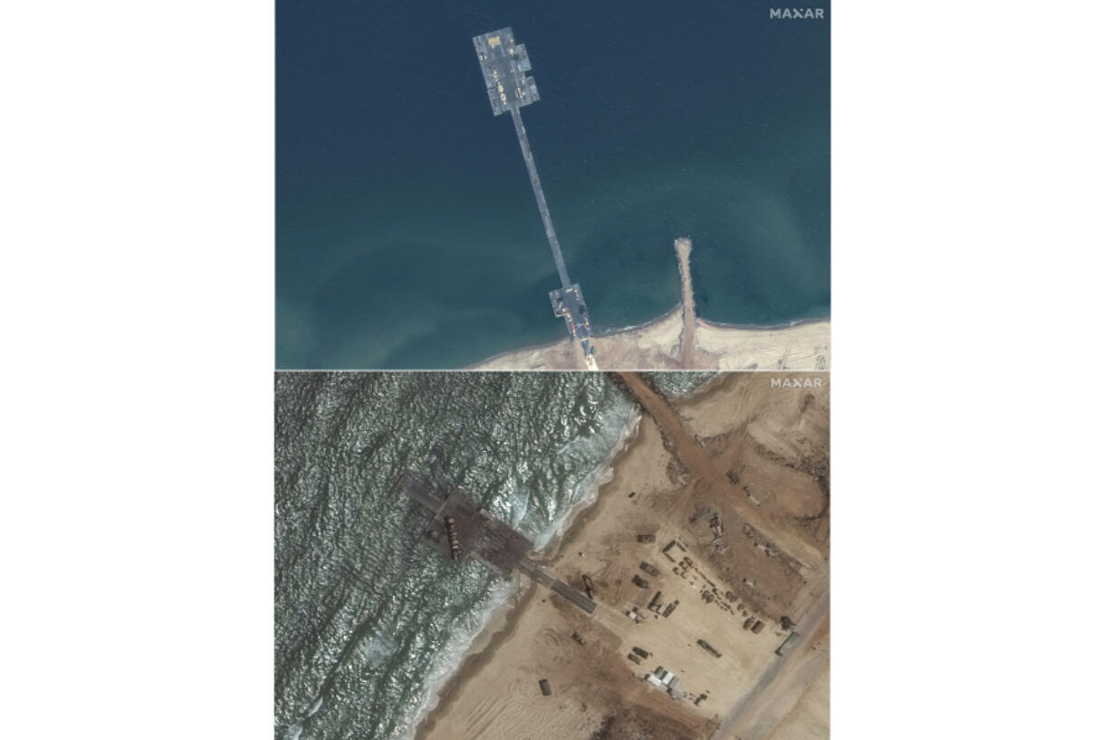 These images released by Maxar Technologies shows the newly completed pier on the Gaza Strip on May 18, 2024, top, and ther emaining section of the temporary pier on May 29, 2024. A string of security, logistical and weather problems have battered the plan to deliver desperately needed humanitarian aid to Gaza through a U.S. military-built pier.