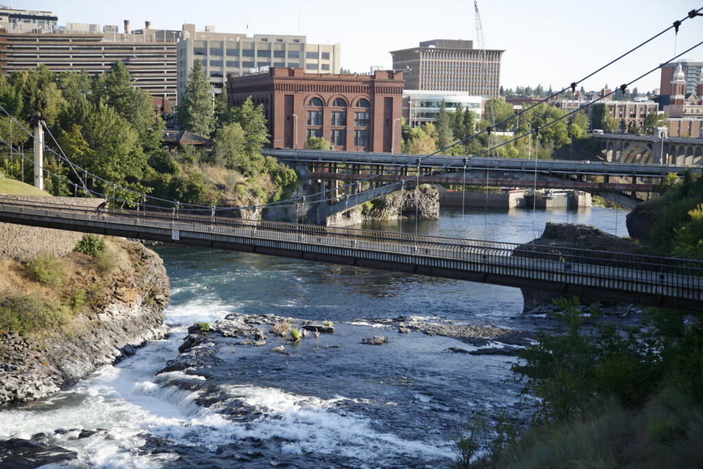 Early evening shot of Spokane River with waterfall.