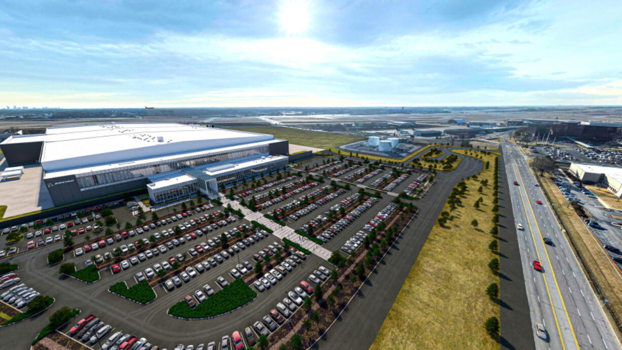 An architectural rendering of the new advanced combat aircraft manufacturing facility at the Boeing Defense, Space and Security campus near St. Louis Lambert International Airport.