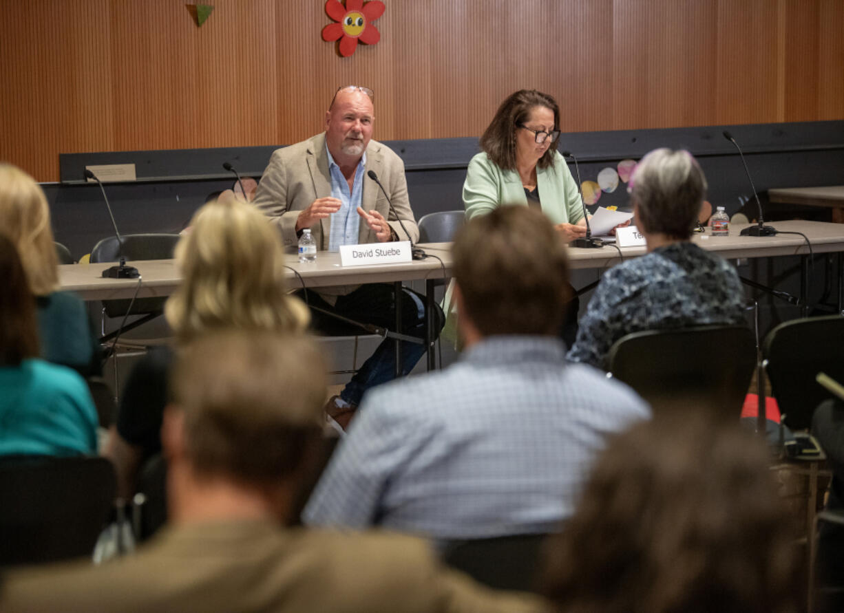 Candidates for the 17th Legislative District &mdash; Republican David Stuebe, left, and Democrat Terri Niles &mdash; present their positions during a League of Women Voters candidate forum at the Vancouver Community Library. Republican candidate Hannah Joy did not participate.