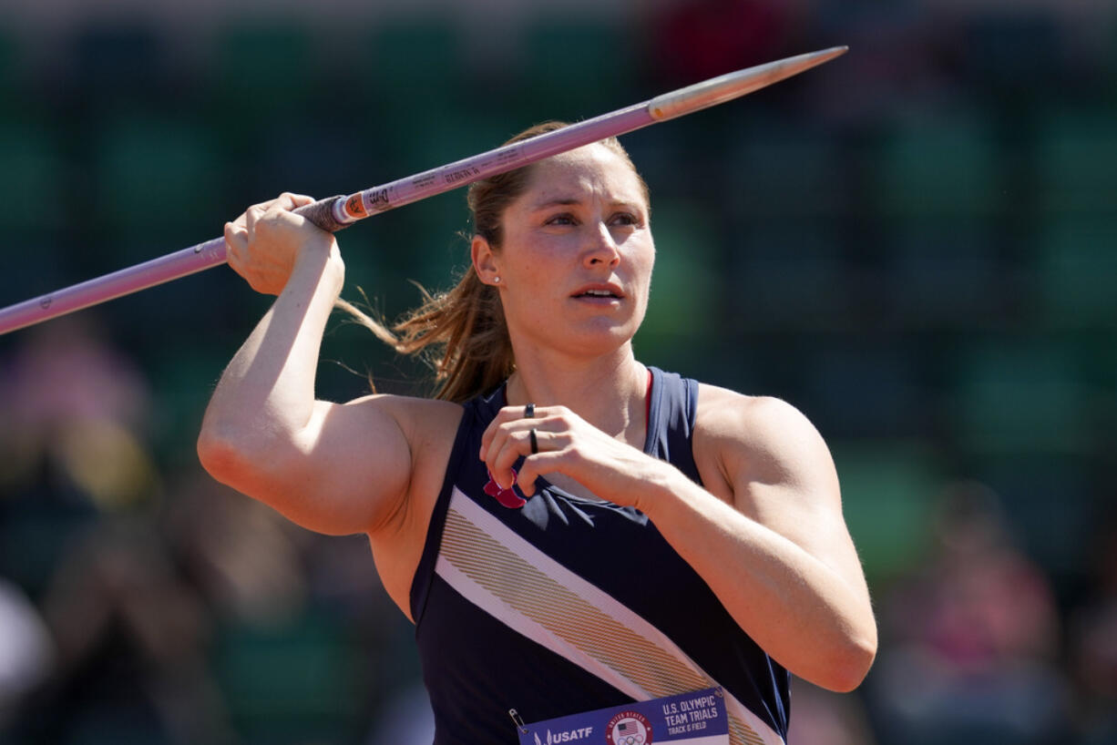 Kara Winger competes in the women's javelin throw during the U.S. Track and Field Olympic Team Trials Friday, June 28, 2024, in Eugene, Ore.