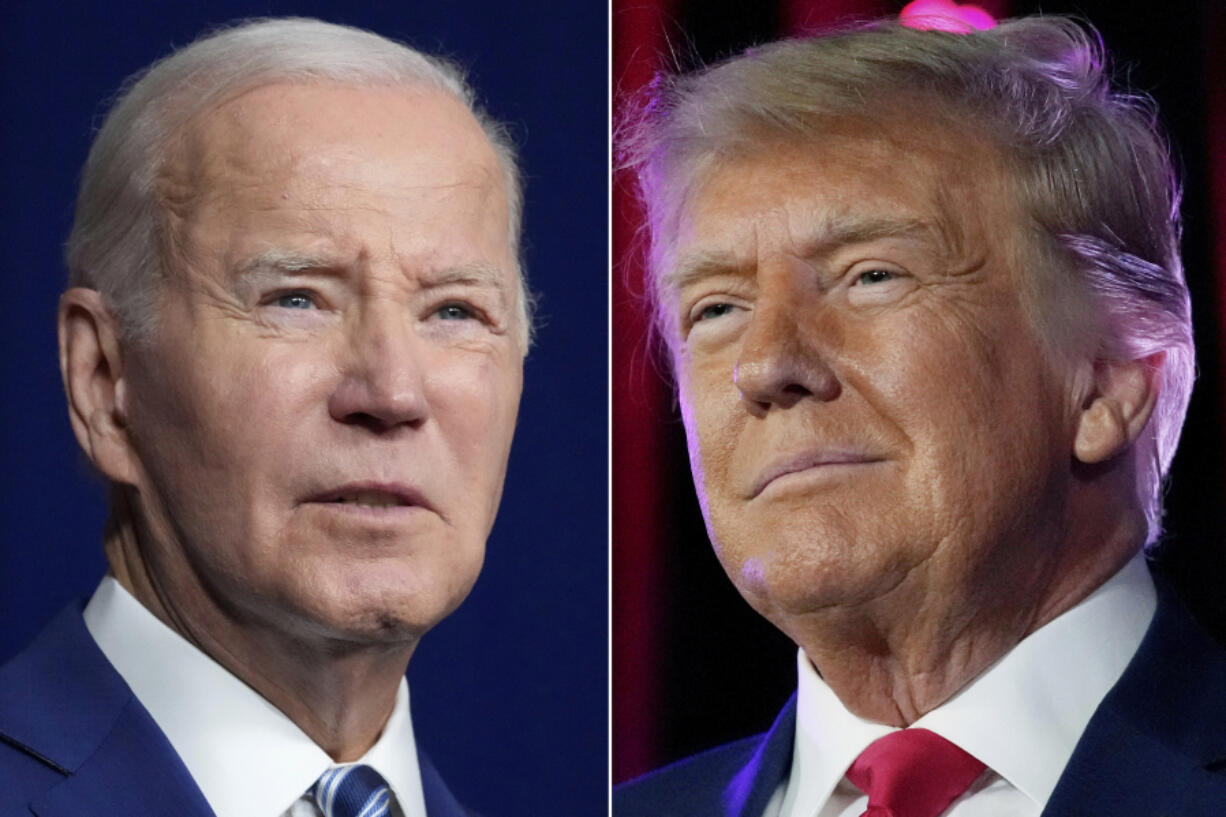 FILE - In this combination of photos, President Joe Biden speaks on Aug. 10, 2023, in Salt Lake City, from left, former President Donald Trump speaks on July 8, 2023, in Las Vegas.