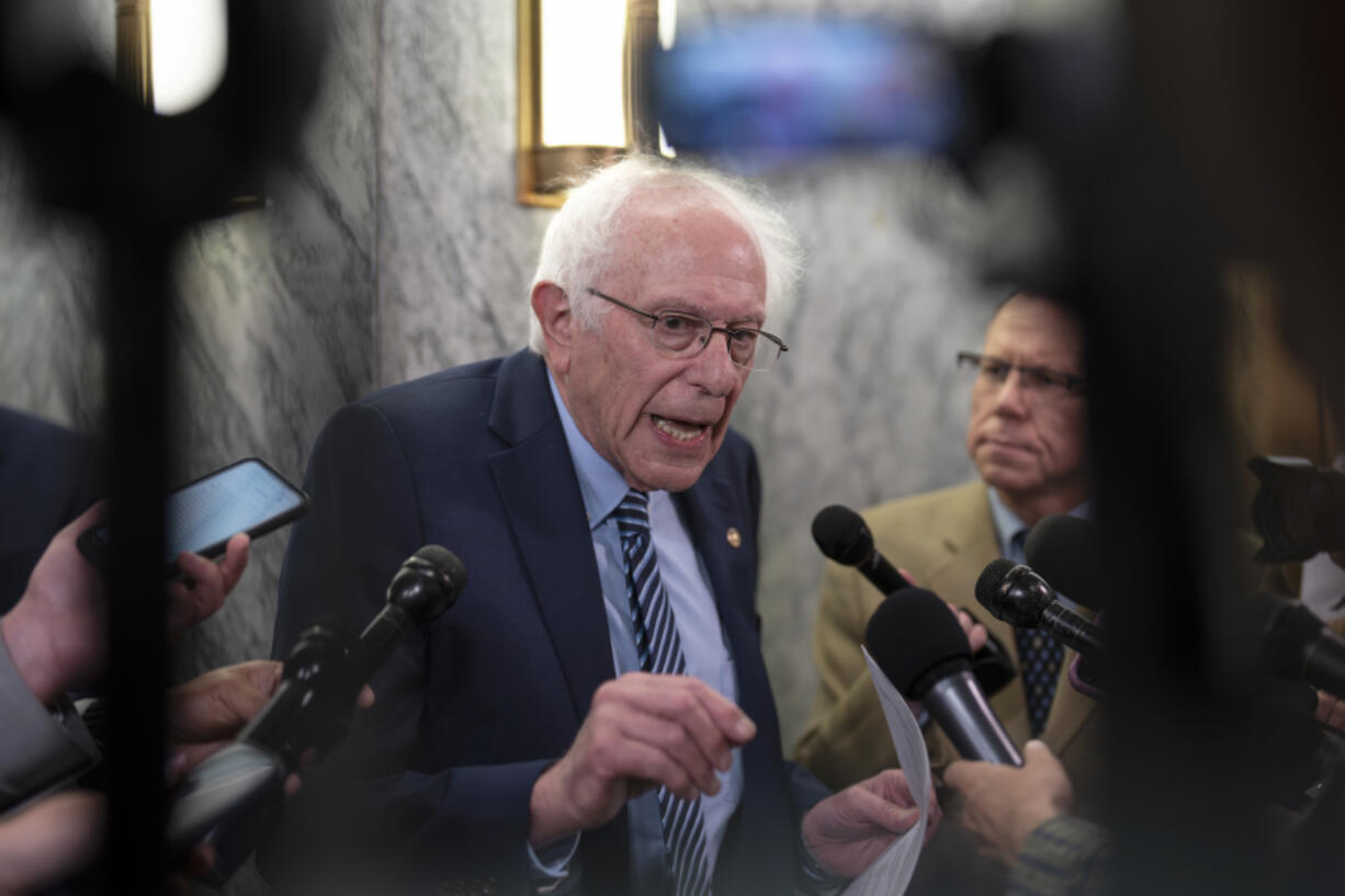 Sen. Bernie Sanders, I-Vt., speaks to reporters about his support for New York Democrat Rep. Jamaal Bowman in a contested primary next week and the influence of big money SuperPACs, at the Capitol in Washington, Thursday, June 20, 2024. (AP Photo/J.