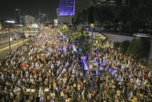 People protest against Israeli Prime Minister Benjamin Netanyahu&#039;s government and call for the release of hostages held in the Gaza Strip by the Hamas militant group, in Tel Aviv, Israel, Saturday, June 15, 2024.