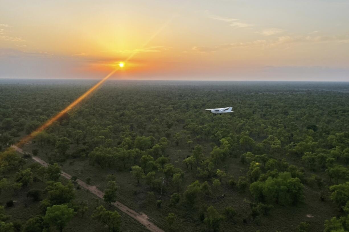 A plane surveys animals while flying over national parks and the surrounding areas in South Sudan, Wednesday, June 19, 2024. South Sudan&rsquo;s most comprehensive aerial wildlife survey found about 6 million antelope. They used spotters in airplanes, analysis of nearly 60,000 photos and tracking of more than a hundred collared animals.