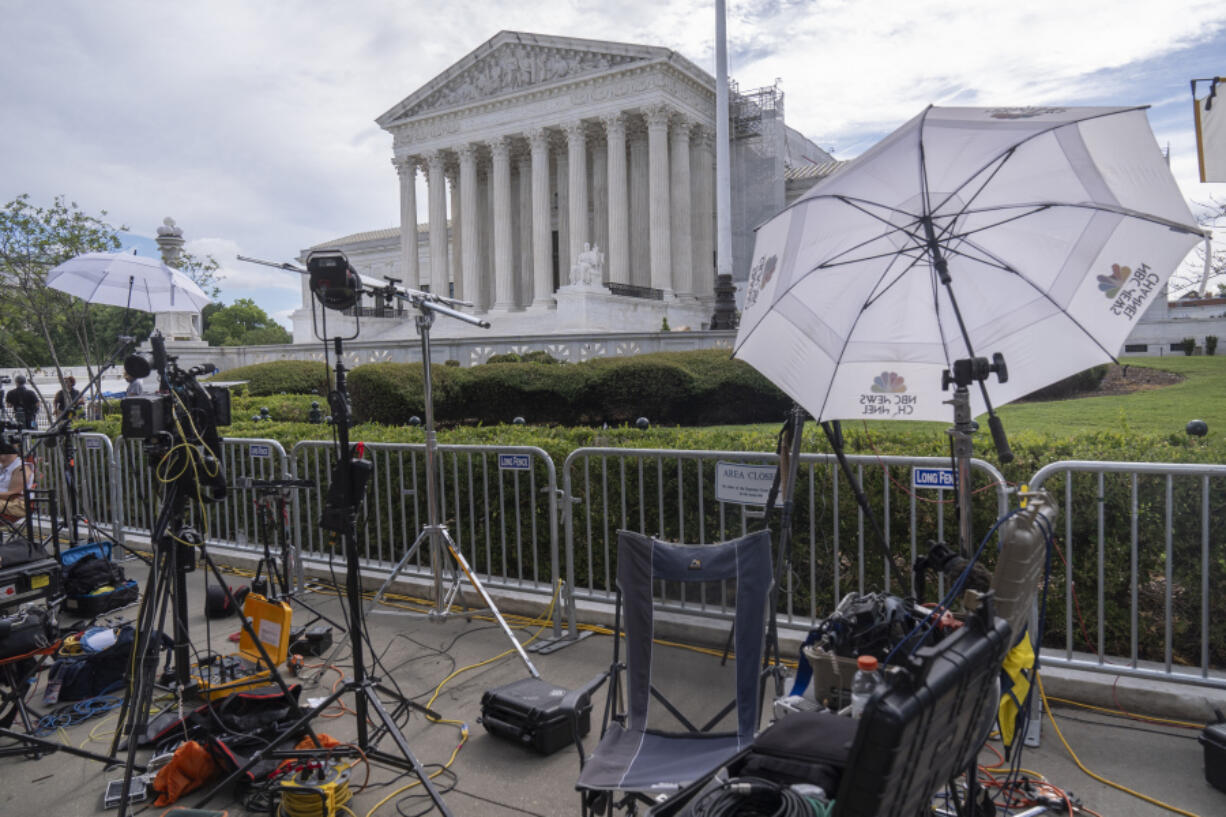 Broadcast media equipment is set up outside the Supreme Court on Thursday, June 27, 2024, in Washington.