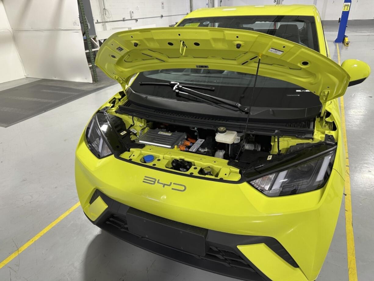 FILE - A BYD Seagull electric vehicle, with its hood open, is shown at the Caresoft Global facility April 3, 2024, in Livonia, Mich. China&rsquo;s BYD last year introduced the Seagull, a small EV that sells for just $12,000 in China.
