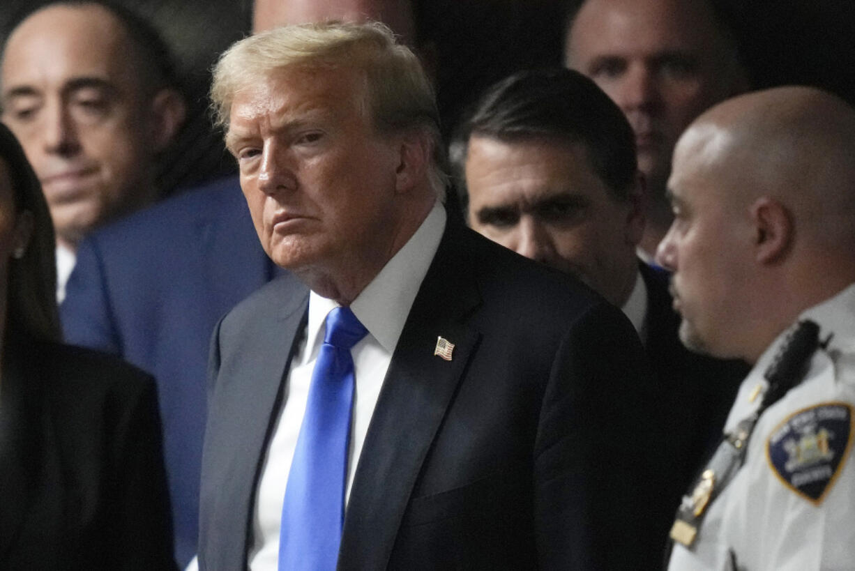 FILE - Former President Donald Trump walks out of the courtroom to make comments to members of the media after a jury convicted him of felony crimes for falsifying business records in a scheme to illegally influence the 2016 election, at Manhattan Criminal Court, May 30, 2024, in New York.  New York&rsquo;s top court has declined to hear Donald Trump&rsquo;s gag order appeal, leaving the restrictions in place following his felony conviction last month.