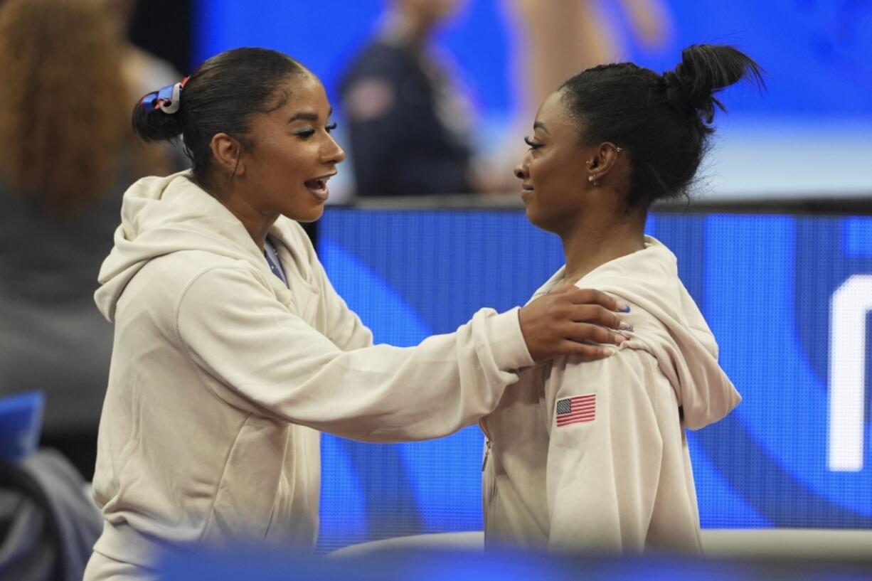 Simone Biles and Jordan Chiles speak between events at the United States Gymnastics Olympic Trials on Friday, June 28, 2024, in Minneapolis.